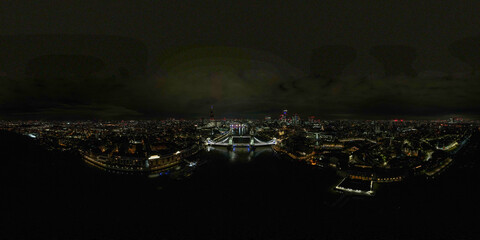 London night panorama aerial view 360. Cityscape skyline with tower bridge and shard landmark illuminated over river thames water