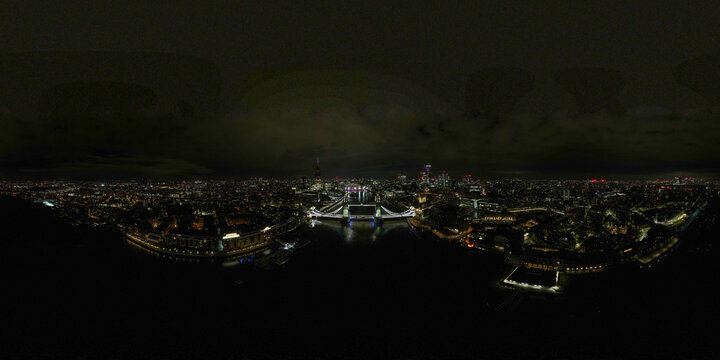 London night panorama aerial view 360. Cityscape skyline with tower bridge and shard landmark illuminated over river thames water - Powered by Adobe