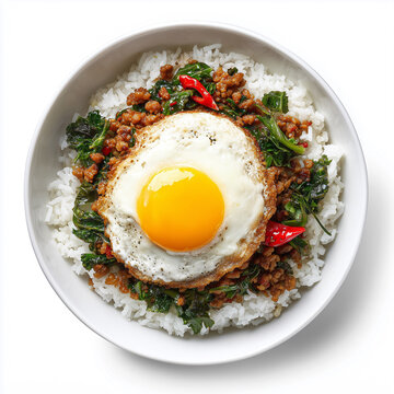 Thai pad kra pao with crispy fried egg and rice