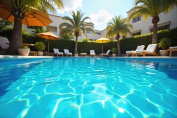 Fototapeta premium A sparkling blue swimming pool on a sunny summer day, inviting and refreshing Perfect for summer vacation themes, travel, and relaxation imagery Clear water, sun-drenched scene , swimming, oasis