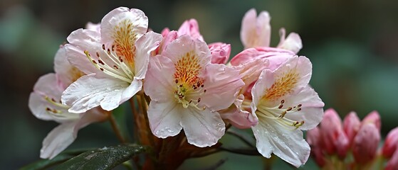 Light pink rhododendron blooms up close view  
