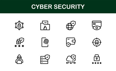 Cyber Security Icon Set in Minimal Vector Style Featuring Lock, Firewall, Encryption, Virus, and Privacy Symbols