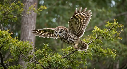 Obraz premium Stunning view: a closeup of a barred owl flying near green branches of a tree at alligator river national wildlife refuge