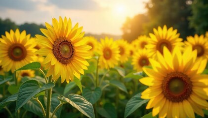 Fototapeta premium A vibrant field of sunflowers bursting with life, ready for harvest Golden petals gleam under the summer sun, signifying abundance and the excitement of a bountiful season , nature, field
