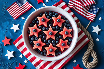 Star shaped watermelon and blueberries in a bowl with American flags stars fruit salad