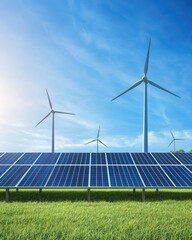 Solar Panels and Wind Turbines in a Green Field under Clear Blue Sky.