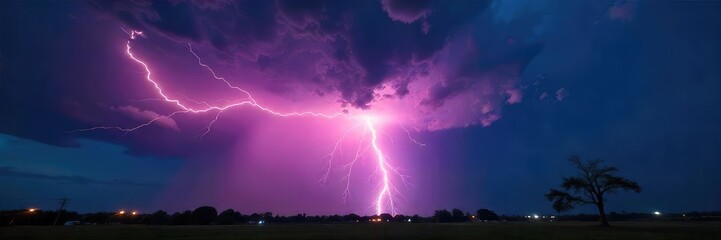 Spectacular lightning bolt striking during a powerful summer thunderstorm, illuminating the dark sky  The dramatic contrast showcases the raw power of nature ,  dark,  weather event