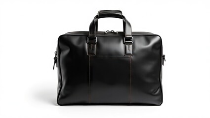 A black leather travel bag with brown stitching.