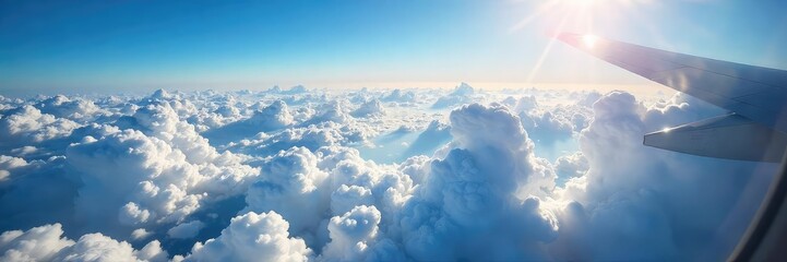 Fototapeta premium A breathtaking view of fluffy clouds and the vast expanse of the earth seen from an airplane window, sunlight illuminating the scene , cumulus, overhead