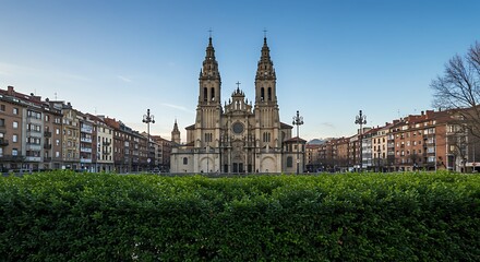 Photography spotlight: BILBAO, ES - Feb 29, 2024: A stunning view of the Cathedral of Santiago in Bilbao, Spain, with a clear blue sky and surrounding buildings.