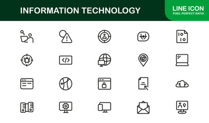 Information Technology Line Icon Collection – Unique and professional vector symbols illustrating IT systems, devices, data, and digital solutions