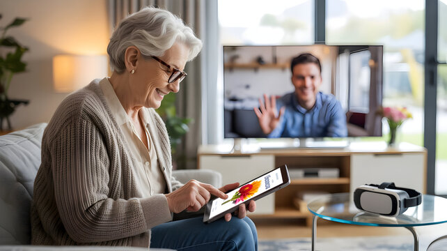 Smiling Elderly Woman Using Tablet During Video Call with Man Displayed on Television in Living Room Setting