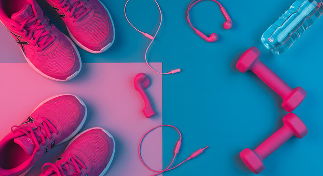 A studio shot of running shoes and other sport equipment on color background.