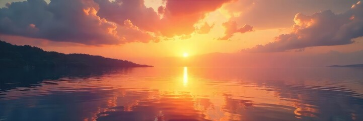Fototapeta premium Serene sunrise over calm water, reflecting a hopeful and peaceful dawn Perfect for themes of meditation, tranquility, and spiritual growth , optimism, golden hour, peace