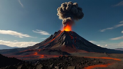 volcano eruption in daylight, bright lava flows, massive smoke plume, clear sky in the background, detailed rocky textures.