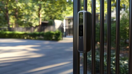 Modern gate mechanism in a serene garden.