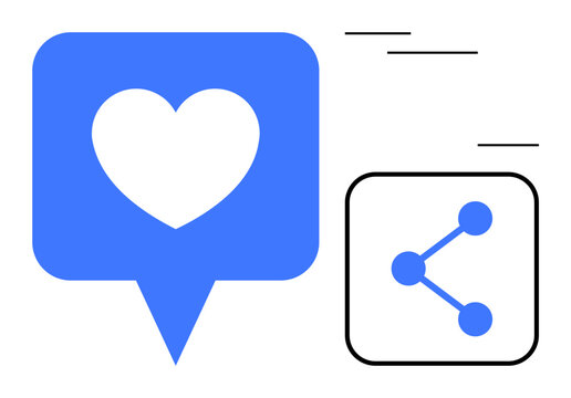 Blue heart in speech bubble with sharing icon conveys connectivity and interaction. Ideal for social media, marketing, communication, networking, relationships, branding, simple landing page