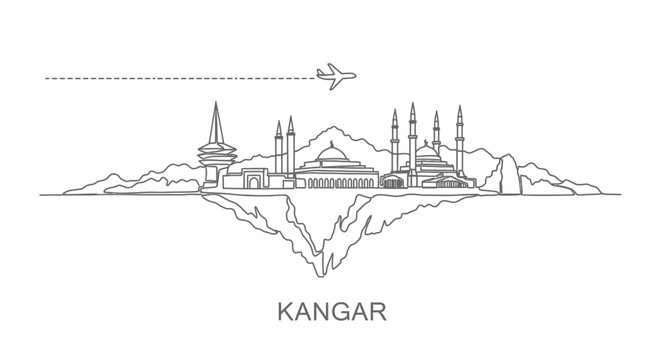 Kangar Skyline with Malaysia, Line Art, and Plane.