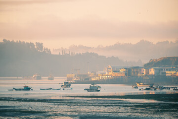 In the early morning, the picturesque harbor of Castro, Chilo? island, Chile, is enveloped in mist, filled with fishing boats and surrounded by traditional stilt houses (palafitos).