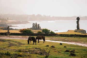 The Tahai Archaeological Site on Rapa Nui (Easter Island), Chile, with the Ko Te Riku, Tahai and Vai Uri ceremonial platforms (Ahu) -- two horses grazing in the foreground.