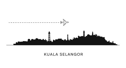 Obraz premium Kuala Selangor Skyline Black Silhouette Airplane.