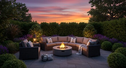 A mesmerizing glimpse of a modern outdoor patio with cozy seating around a fire pit, surrounded by lush greenery, under a vibrant sunset sky.
