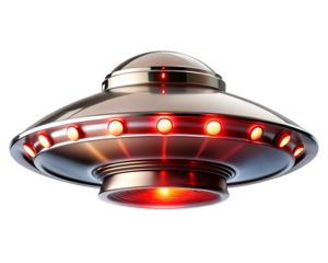  Sleek metallic ufo with glowing red lights on white background PNG.AI Generated