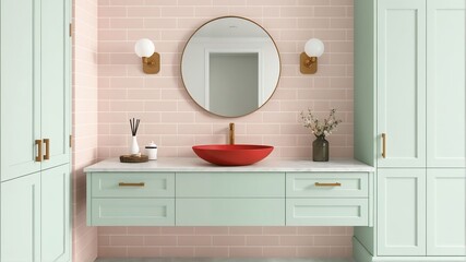The 3d render of a vibrant color block bathroom interior in Memphis style with red