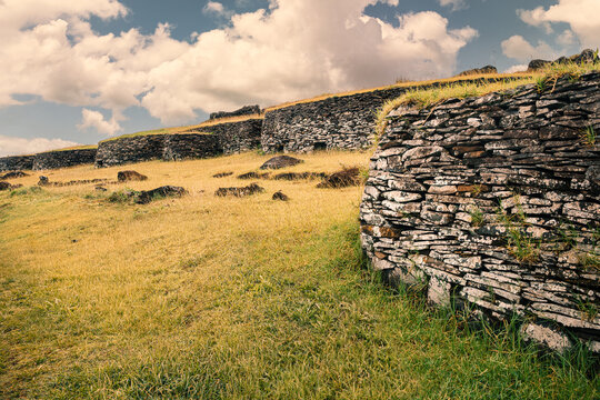 Stone houses in the Orongo ceremonial village, Rapa Nui (Easter Island), Chile, built using laminar basalt slabs collected from the edges of the nearby Rano Kau crater.