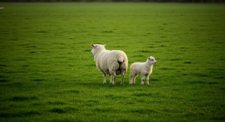 Obraz premium Experience nature through a mother and baby cotswold sheep standing on a grassland and looking in the same direction