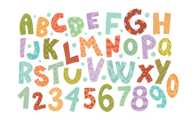 Hand drawn childish capital letters of English alphabet and numbers vector illustration set. Funky ABC typography font, decorative preschool typeface, colorful graphic print for education and study