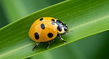 Obraz premium A mesmerizing glimpse of a closeup of a yellow ladybird (psyllobora vigintiduopunctata) isolated on a green leaf