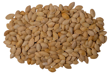 Pumpkin seeds scattered in a handful on a white background, top view