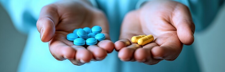 A person holds two handfuls of pills: blue tablets on the left and yellow capsules on the right, symbolizing choices in medication.