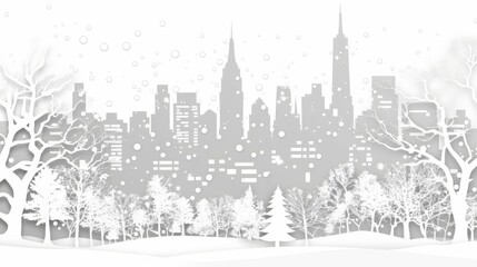 Fototapeta premium winter cityscape rendered in a monochromatic white and light gray palette, evoking a serene and snowy atmosphere