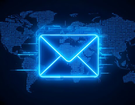 A glowing blue envelope icon over a world map representing global digital communication network concept