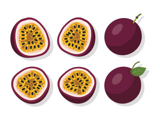 Passion Fruit: A vibrant composition of passion fruits, showcasing the intricate beauty of the whole and halved fruit, its rich purple skin, and the unique, juicy seed-filled core.