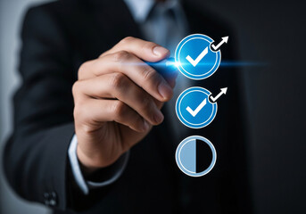 Completing a checklist with interactive checkmark icons on dark background, concept of growth