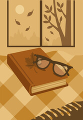 Book with eyeglass on table in interior with autumn tree and falling leaves view from window. Reading and learning concept. Vector illustration