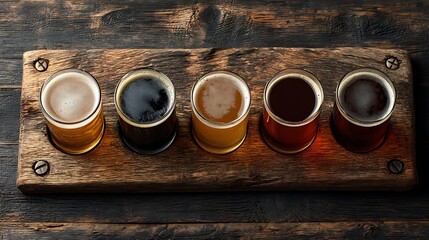 Craft beer tasting set arranged on aged wooden tabletop with empty top right area for copy, ideal for brewery advertising, seasonal promotion, and menu mockup design.