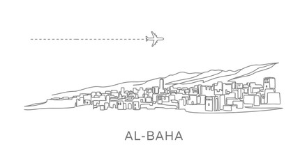 Naklejka premium Al Baha city skyline with plane, and Saudi Arabia.