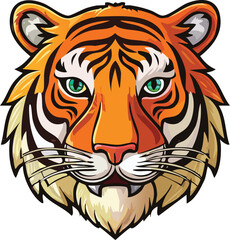 Obraz premium Cartoon illustration of a tiger's head, showcasing vibrant colors and detailed stripes.