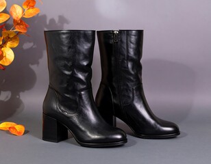 Black leather boots on a gray background