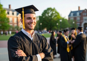Smiling Young Man in Graduation Gown and Cap Outdoors