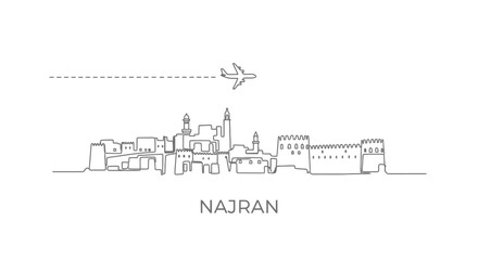 Naklejka premium Najran Skyline Line Art with Airplane Travel Saudi.