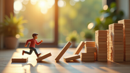 Miniature figure running from falling wooden blocks staged as symbolic still life representing danger escape hazard and miniature disaster scene