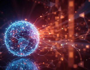 Obraz premium Glowing globe with network connections against a blurred orange and black background with reflection