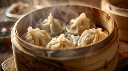 Steaming dumplings in a bamboo steamer.