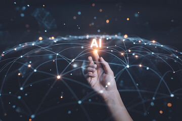 Human hand touching glowing ai text within a futuristic digital network sphere representing artificial intelligence and global connectivity