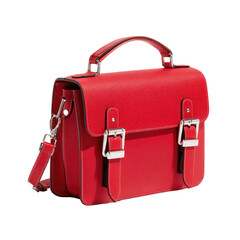 Red leather satchel handbag with adjustable shoulder strap